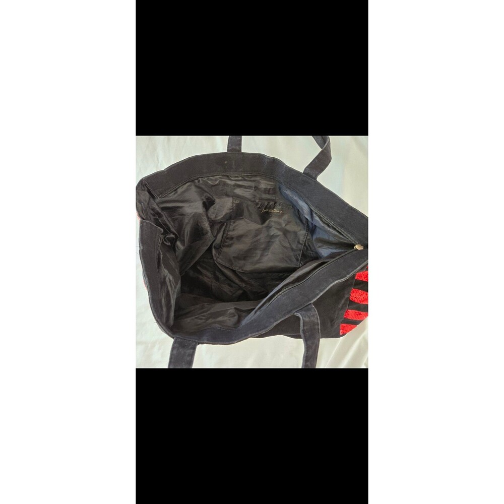 Victorias Secret Tote Bag 2000's Y2K Size XL Black Canvas Red Sequin Lip Design - Picture 2 of 9